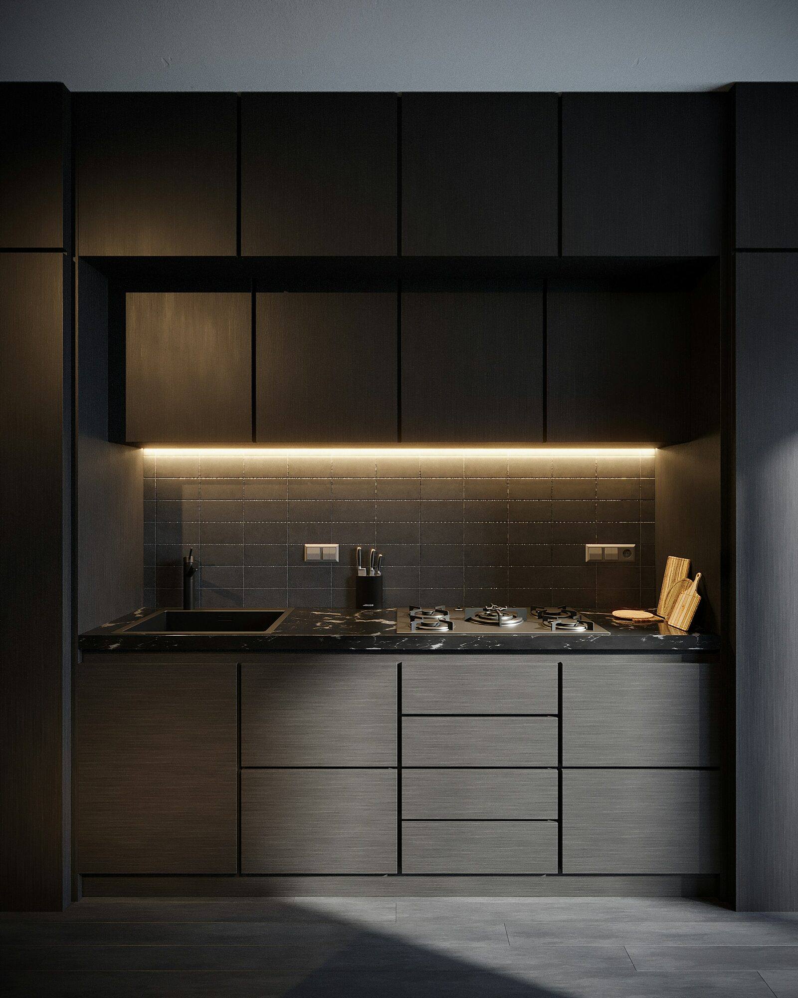 Cocina en grafito con luz bajo los muebles altos