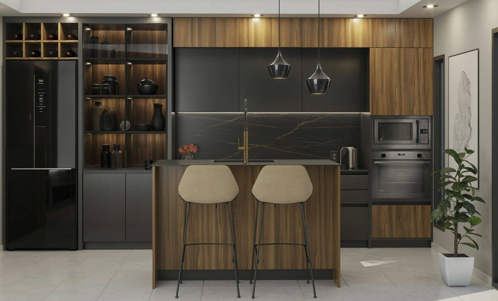 Cocina reformada con isla y taburetes