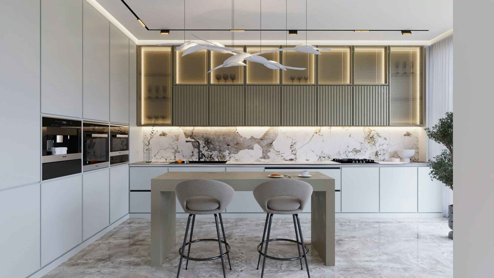 Cocina moderna con encimera de mármol